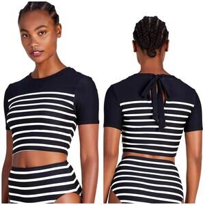 Kate Spade NWOT Tie Back Short Sleeve Rash Guard Top Breton Stripe Size M
